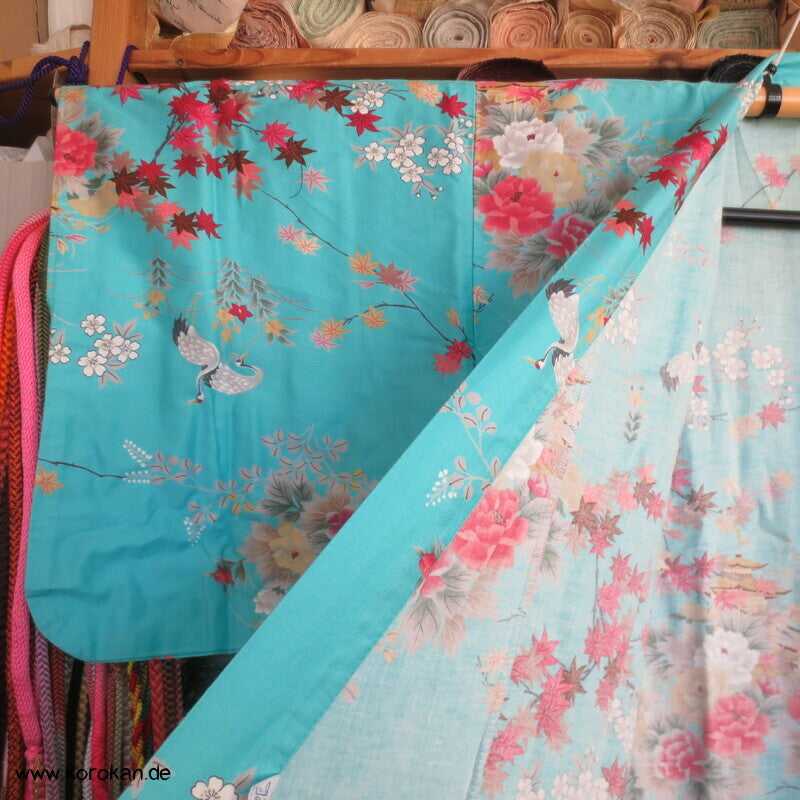 Yukata Baumwoll Kimono Blüten Tempel Kraniche