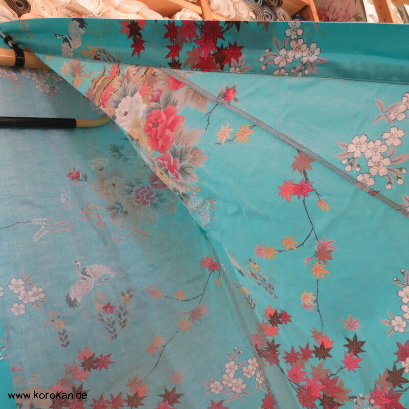 Yukata Baumwoll Kimono Blüten Tempel Kraniche