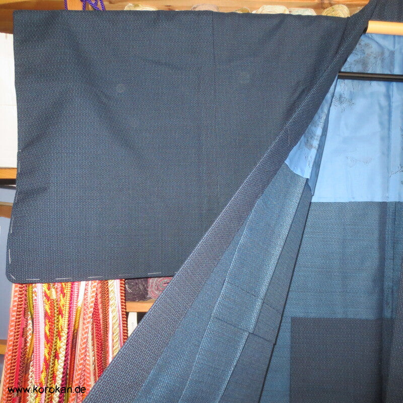großes Kimono und Haori Set blau schwarzer Kikko Wolle / Seide, wie neu