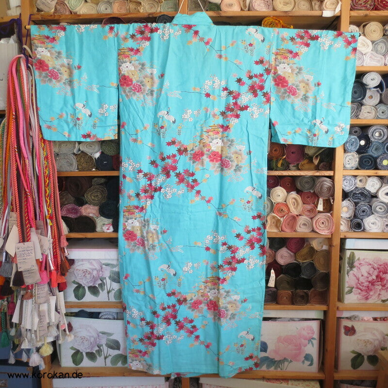 Yukata Baumwoll Kimono Blüten Tempel Kraniche