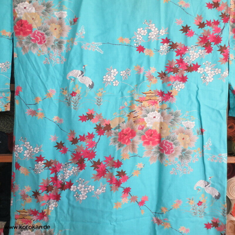 Yukata Baumwoll Kimono Blüten Tempel Kraniche