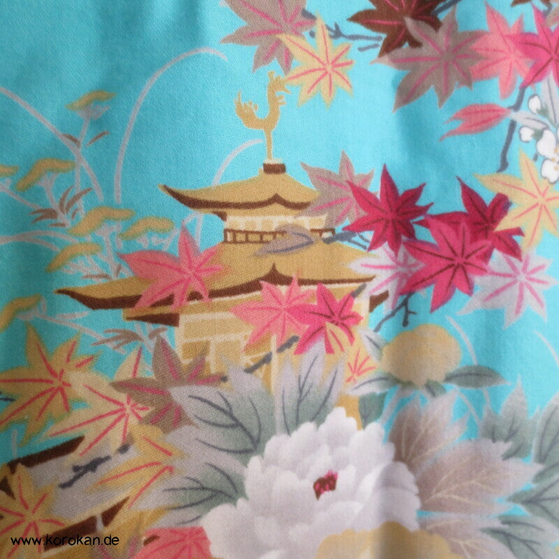 Yukata Baumwoll Kimono Blüten Tempel Kraniche