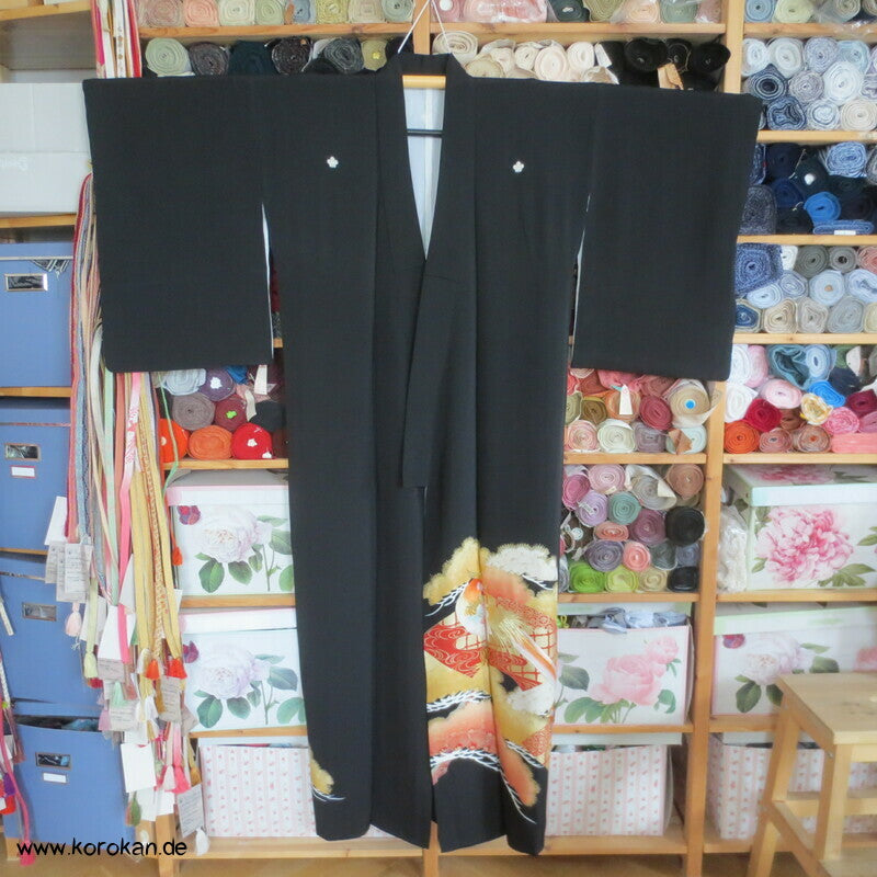gesticktes Fasanenpaar Tomesode Seidencrepe Kimono
