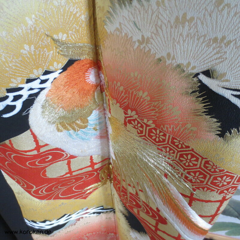 gesticktes Fasanenpaar Tomesode Seidencrepe Kimono