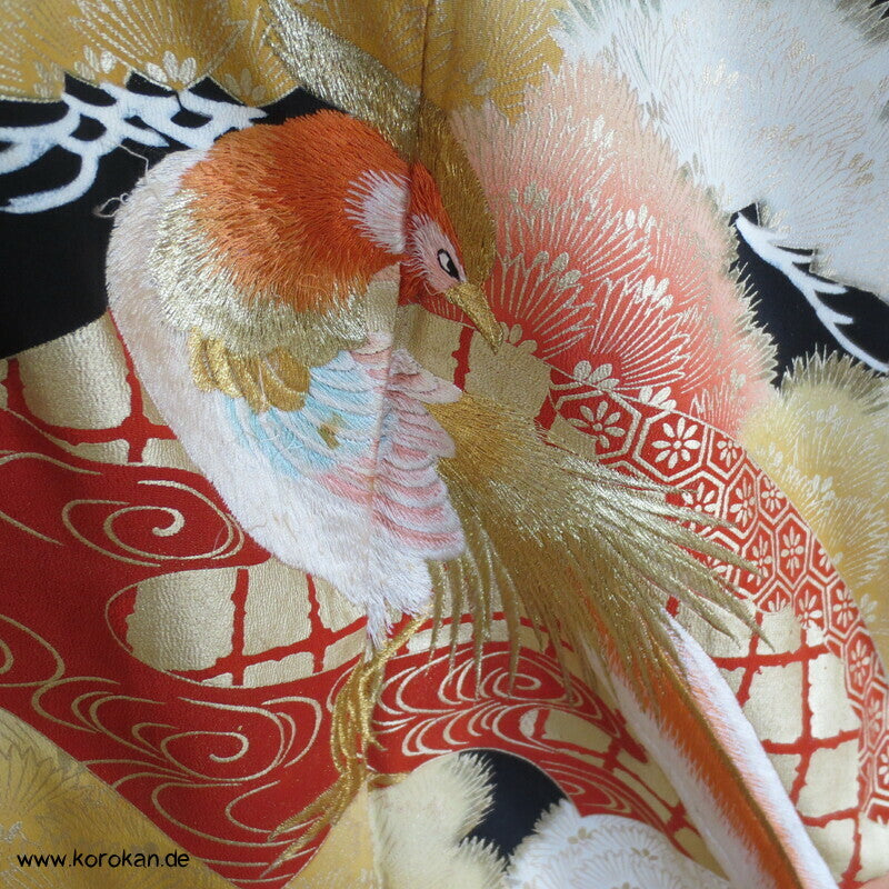 gesticktes Fasanenpaar Tomesode Seidencrepe Kimono