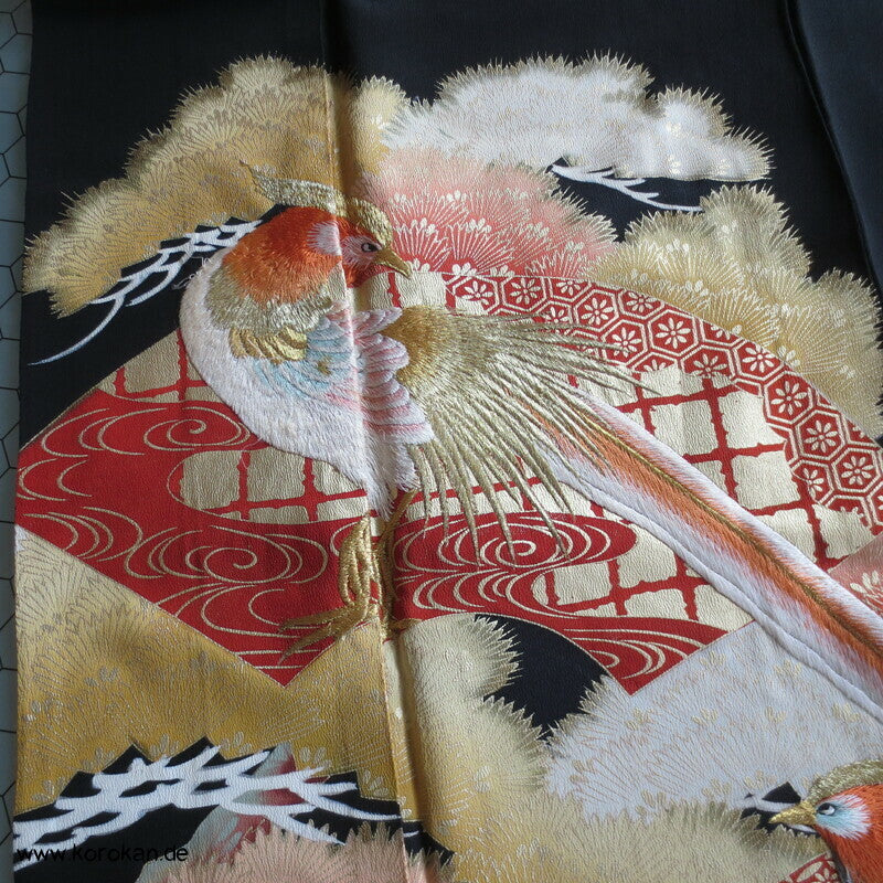gesticktes Fasanenpaar Tomesode Seidencrepe Kimono