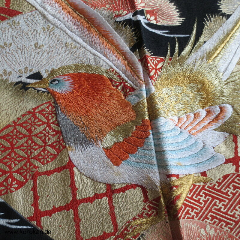 gesticktes Fasanenpaar Tomesode Seidencrepe Kimono