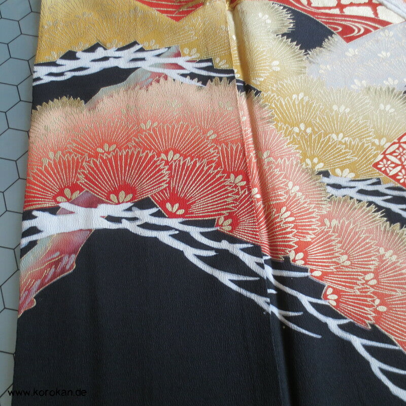 gesticktes Fasanenpaar Tomesode Seidencrepe Kimono