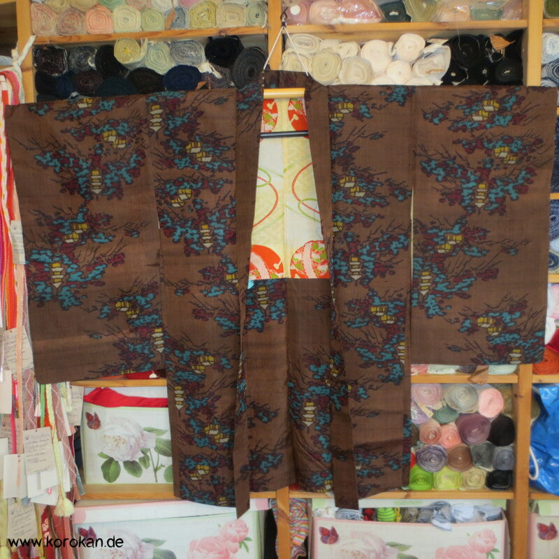 Tempellandschaft braun türkis Meisen Seiden Haori Kimono Jacke - mit Himo
