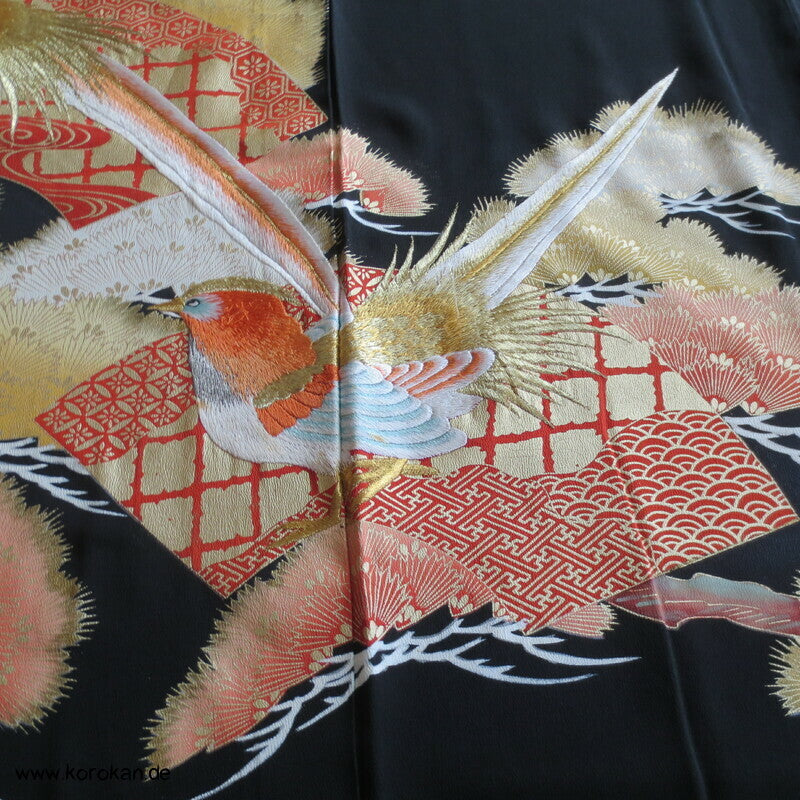 gesticktes Fasanenpaar Tomesode Seidencrepe Kimono