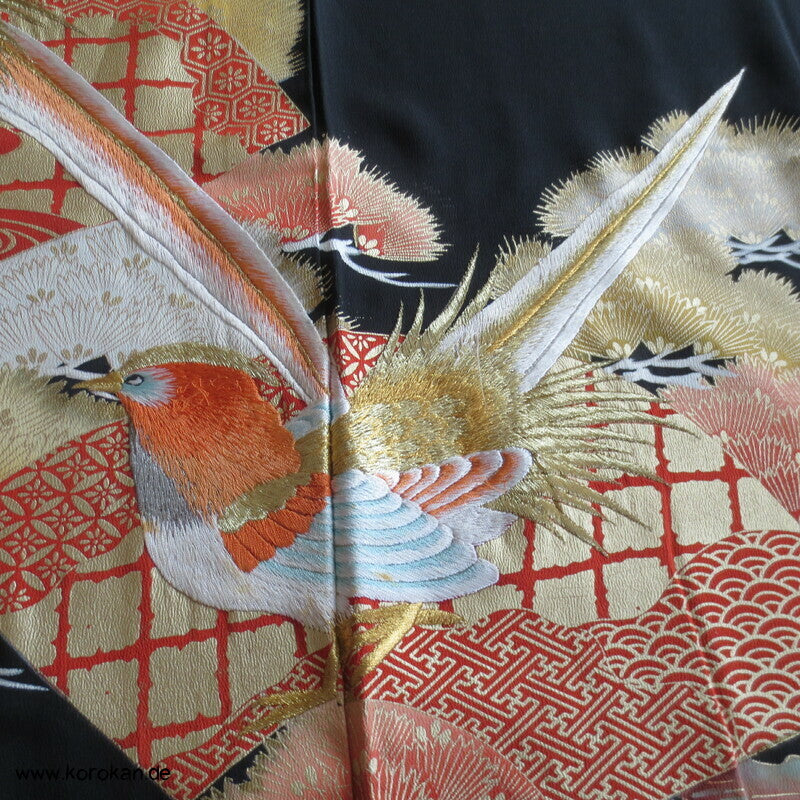 gesticktes Fasanenpaar Tomesode Seidencrepe Kimono