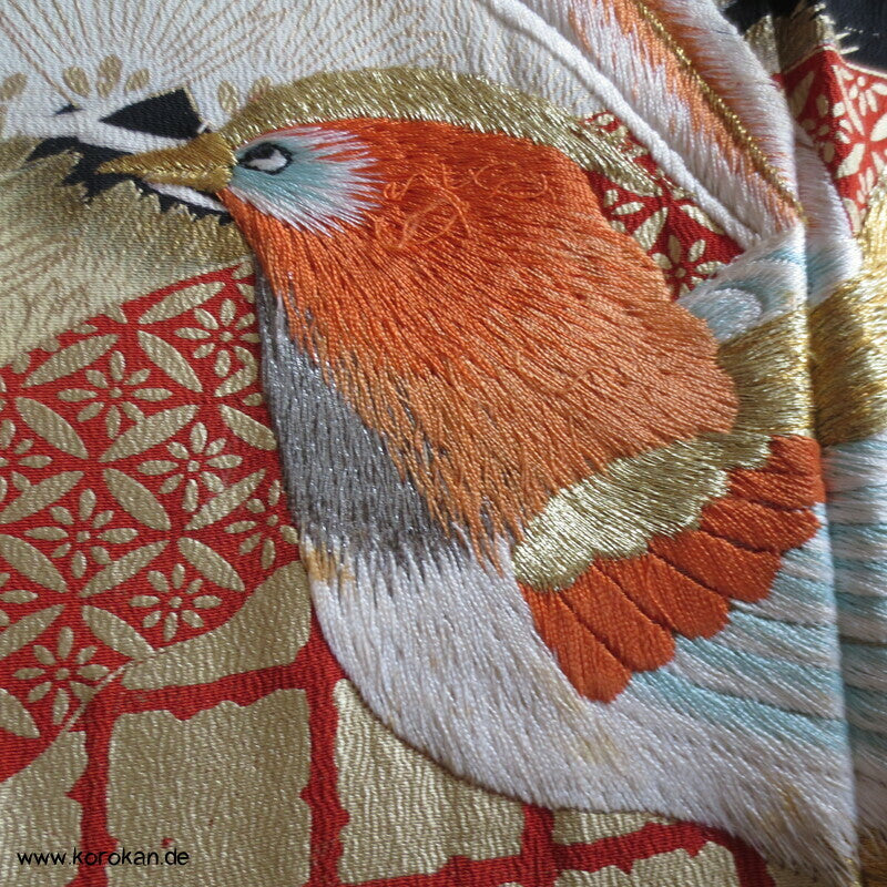 gesticktes Fasanenpaar Tomesode Seidencrepe Kimono