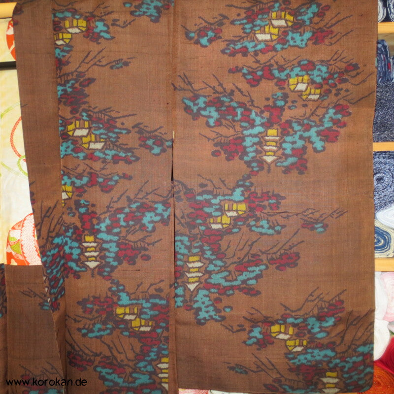 Tempellandschaft braun türkis Meisen Seiden Haori Kimono Jacke - mit Himo