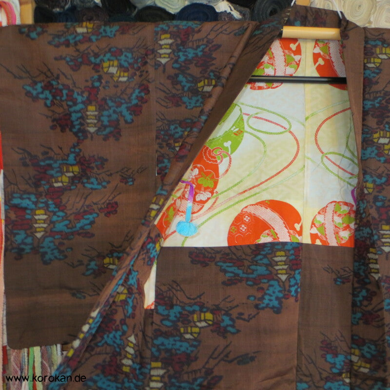 Tempellandschaft braun türkis Meisen Seiden Haori Kimono Jacke - mit Himo