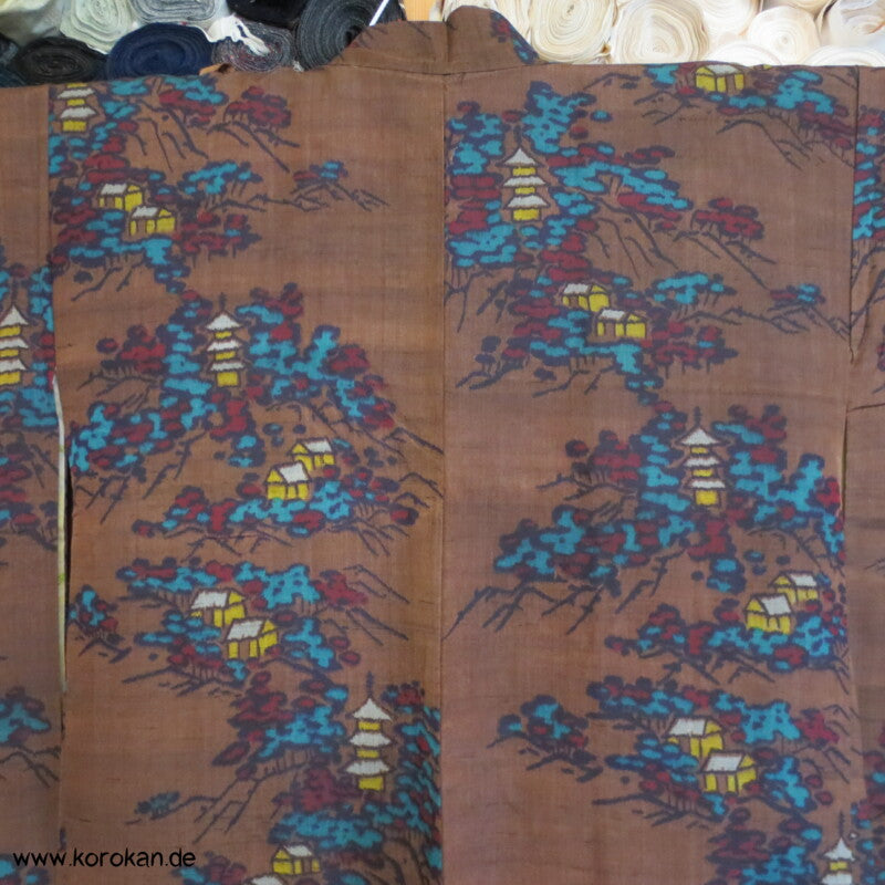 Tempellandschaft braun türkis Meisen Seiden Haori Kimono Jacke - mit Himo