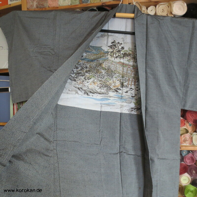 graue Tsumugi Seide Haori Kimono Jacke, Tempelfutter, gedeckte Brücke
