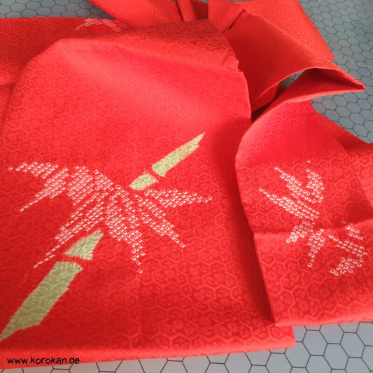 Shibori Bambus Nagoya Obi orangefarbener Rinzu Seiden Damast