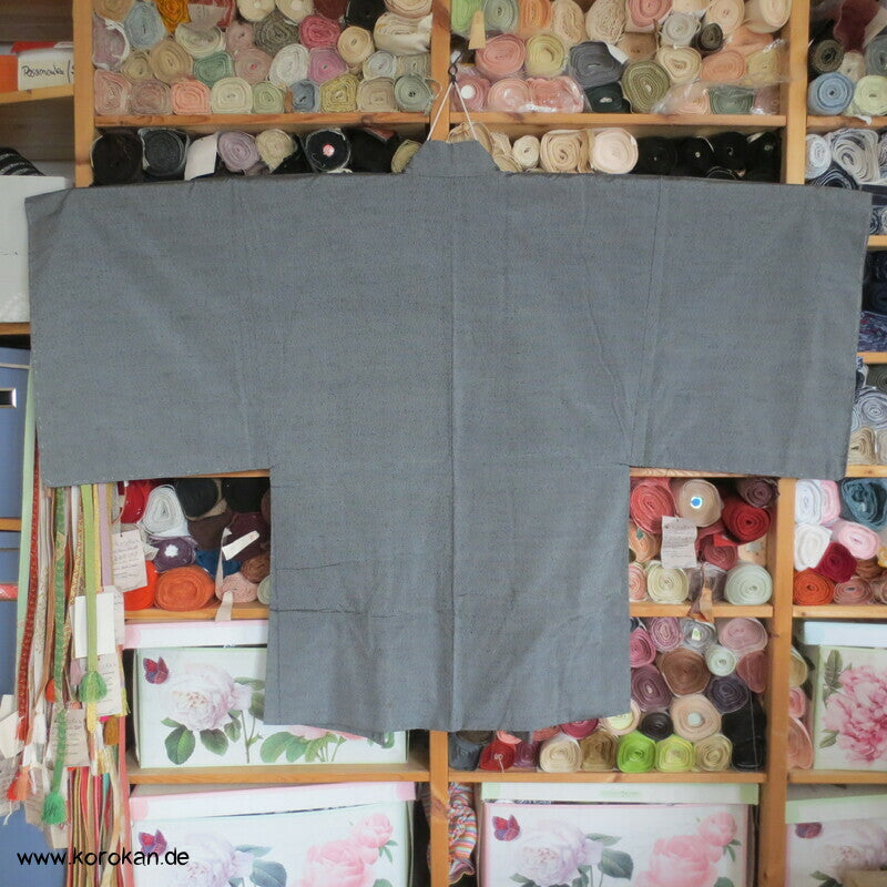 graue Tsumugi Seide Haori Kimono Jacke, Tempelfutter, gedeckte Brücke