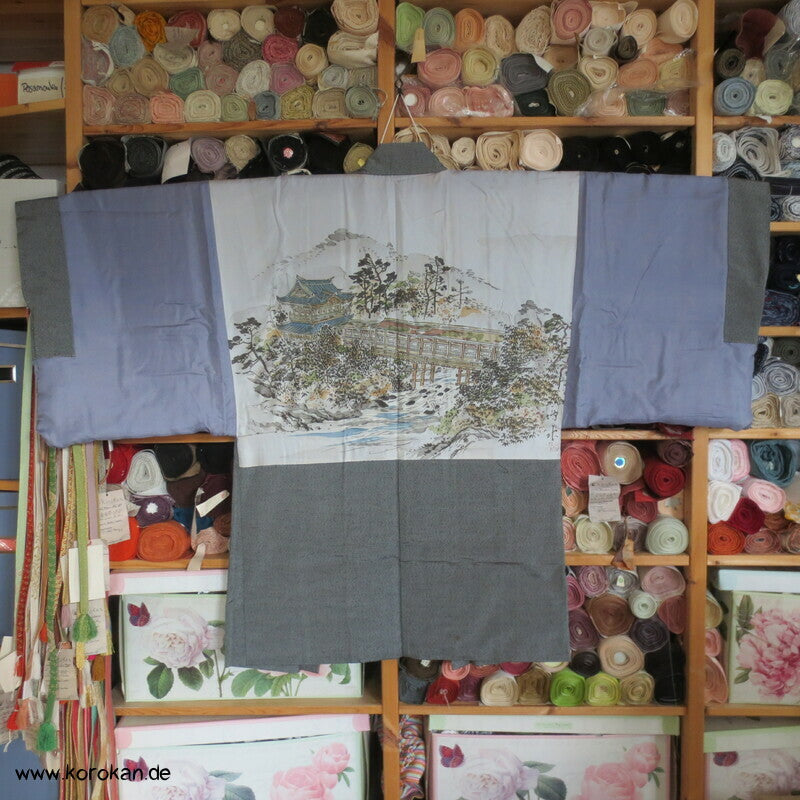 graue Tsumugi Seide Haori Kimono Jacke, Tempelfutter, gedeckte Brücke