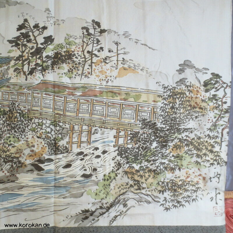 graue Tsumugi Seide Haori Kimono Jacke, Tempelfutter, gedeckte Brücke