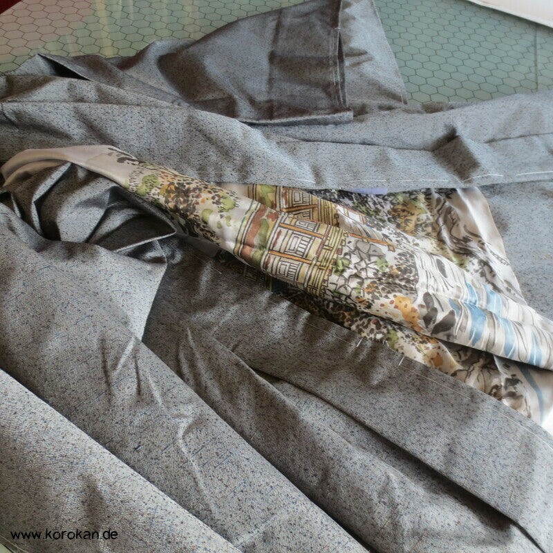 graue Tsumugi Seide Haori Kimono Jacke, Tempelfutter, gedeckte Brücke