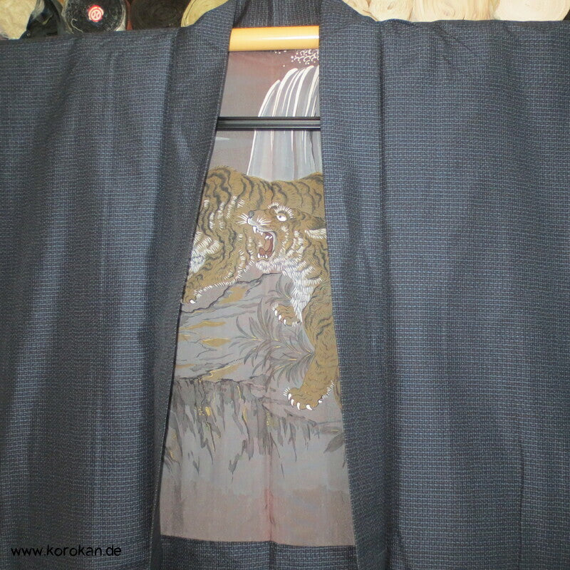 zwei Tiger bei Nacht Futter Haori Kimono Jacke, Tsumugi Seide