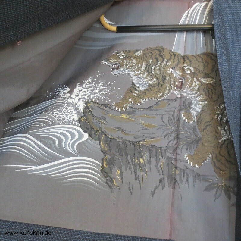zwei Tiger bei Nacht Futter Haori Kimono Jacke, Tsumugi Seide