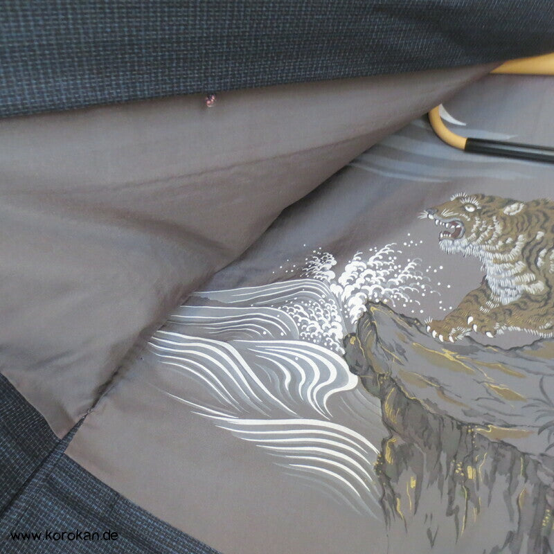 zwei Tiger bei Nacht Futter Haori Kimono Jacke, Tsumugi Seide