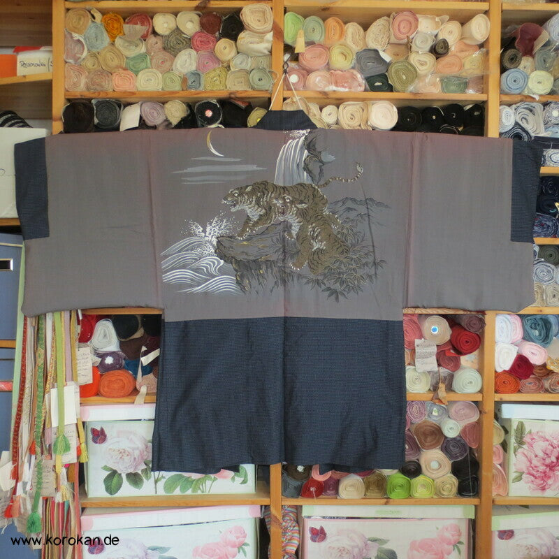 zwei Tiger bei Nacht Futter Haori Kimono Jacke, Tsumugi Seide