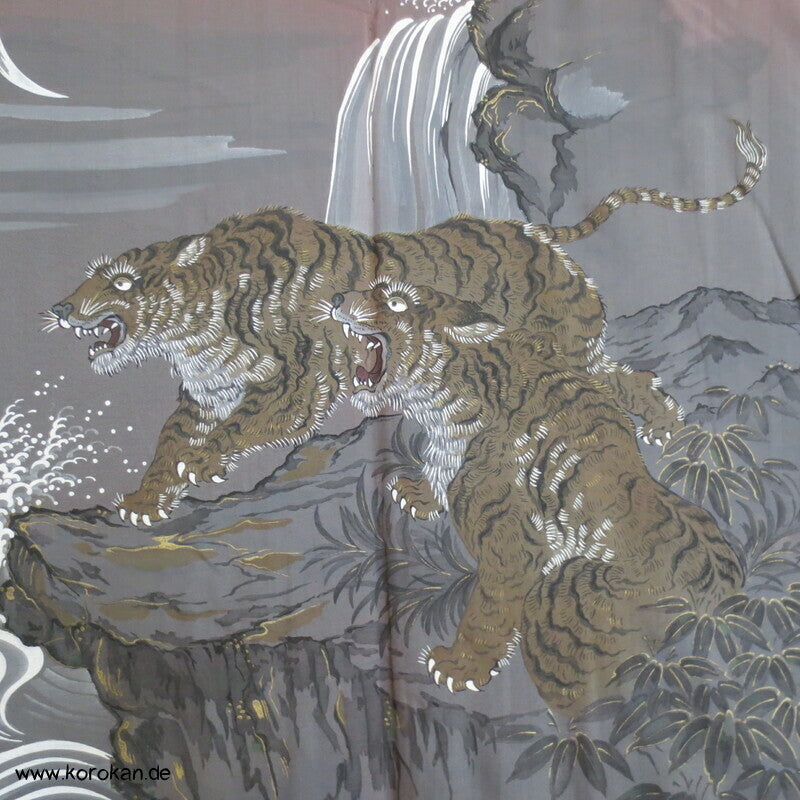 zwei Tiger bei Nacht Futter Haori Kimono Jacke, Tsumugi Seide