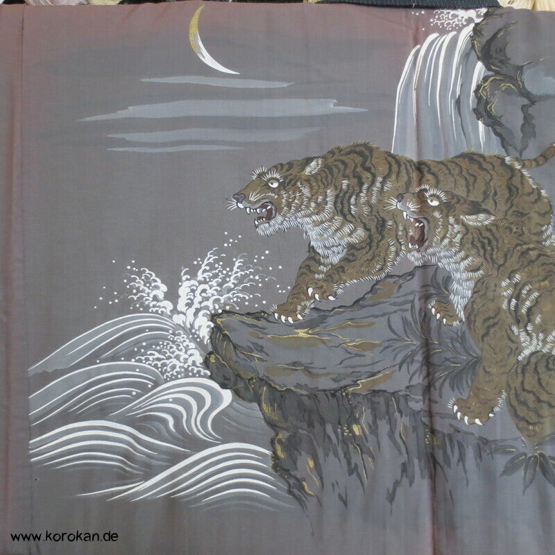 zwei Tiger bei Nacht Futter Haori Kimono Jacke, Tsumugi Seide
