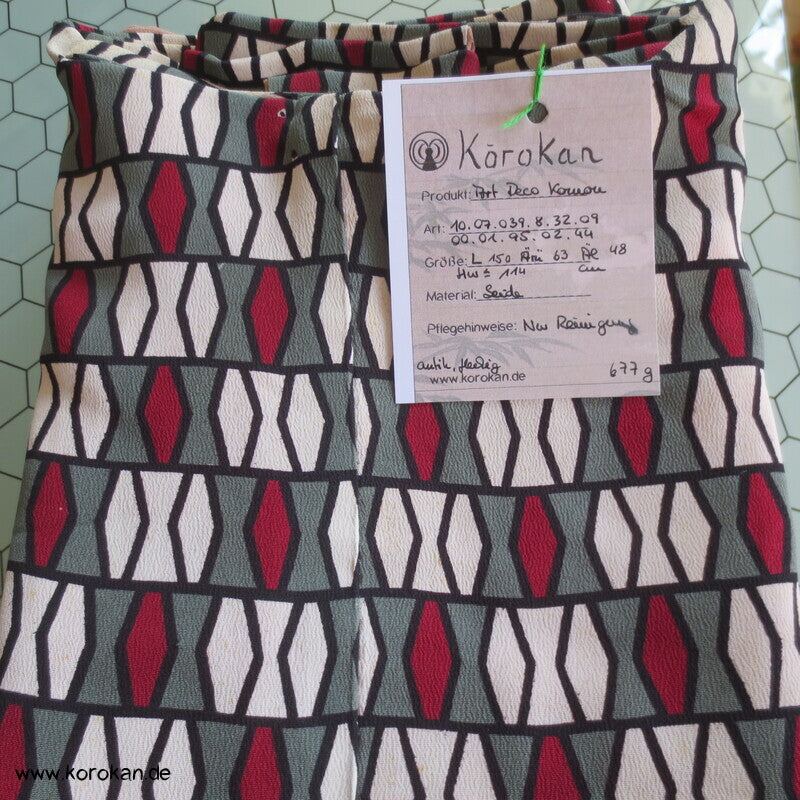 geometrischer antiker Seidencrepe Komon Kimono, rotes Futter