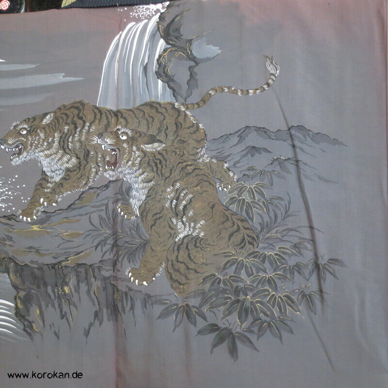 zwei Tiger bei Nacht Futter Haori Kimono Jacke, Tsumugi Seide