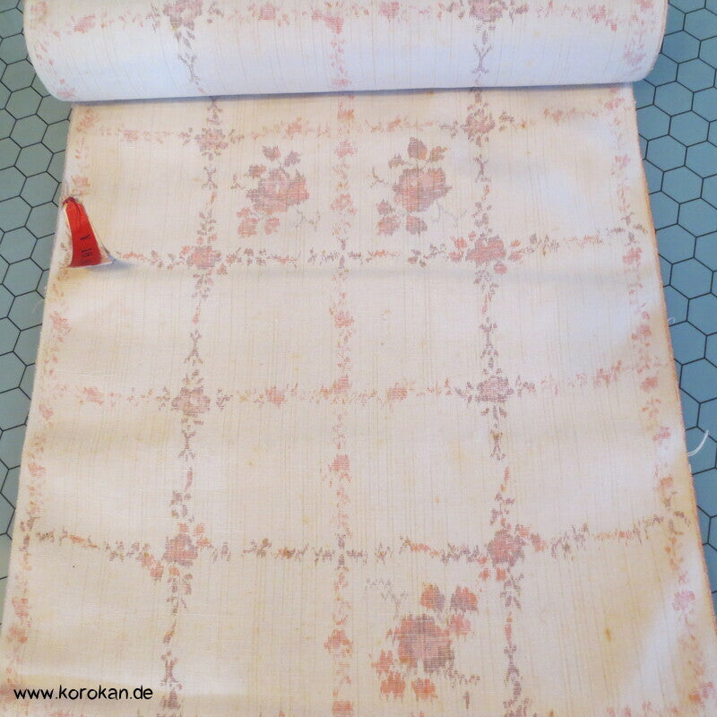 Blüten Rechteckgitter Kasuri Tsumugi Kimono Seide, originalgerollt