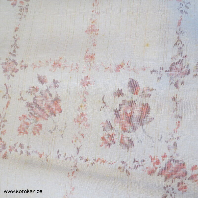Blüten Rechteckgitter Kasuri Tsumugi Kimono Seide, originalgerollt