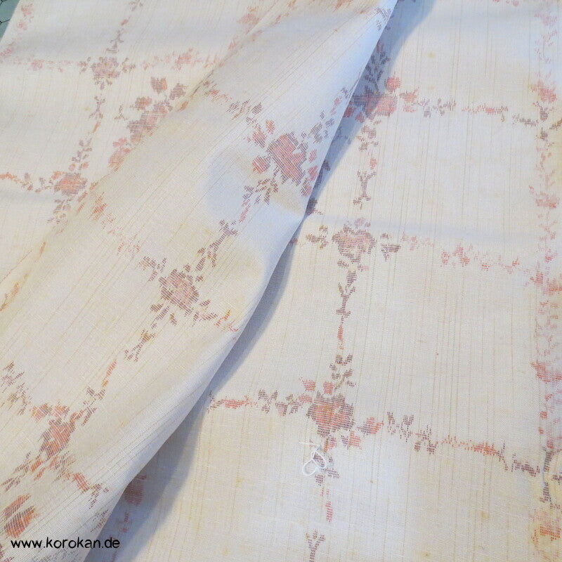Blüten Rechteckgitter Kasuri Tsumugi Kimono Seide, originalgerollt