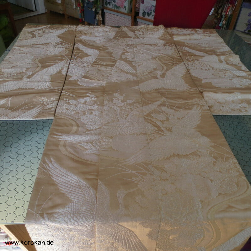 gewebte Kraniche und Päonien Seidenbrokat Uchikake - Kimono Hochzeitsmantel