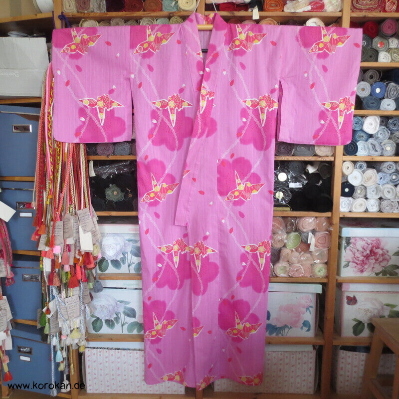 Yukata Kimono, reine Baumwolle, rot rosa Origami Kraniche