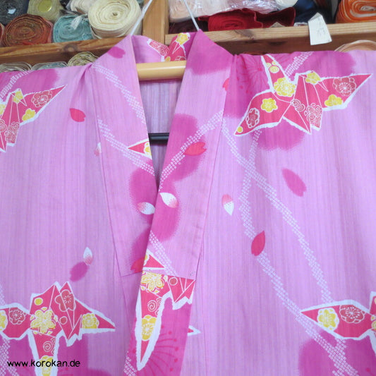 Yukata Kimono, reine Baumwolle, rot rosa Origami Kraniche
