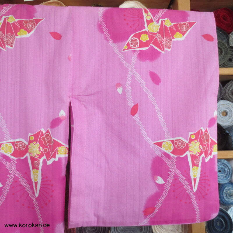 Yukata Kimono, reine Baumwolle, rot rosa Origami Kraniche