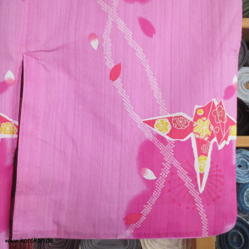 Yukata Kimono, reine Baumwolle, rot rosa Origami Kraniche