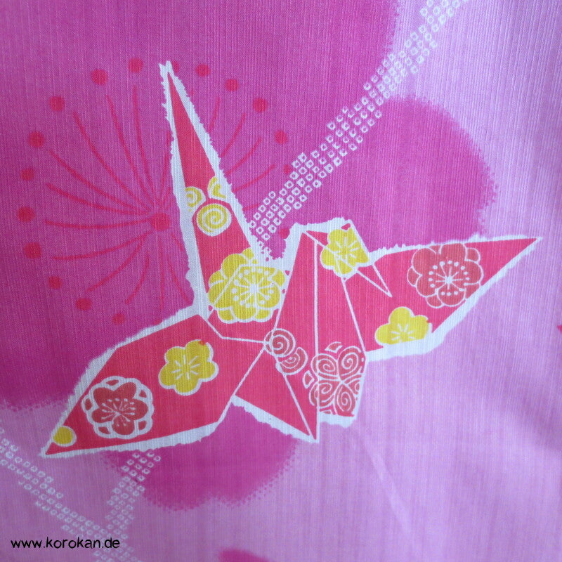 Yukata Kimono, reine Baumwolle, rot rosa Origami Kraniche