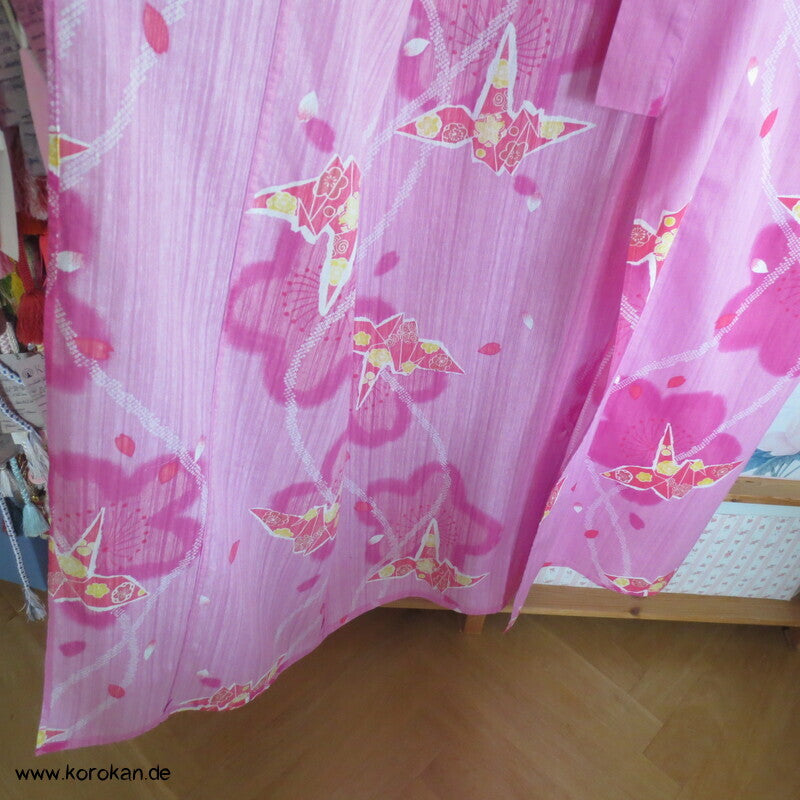 Yukata Kimono, reine Baumwolle, rot rosa Origami Kraniche