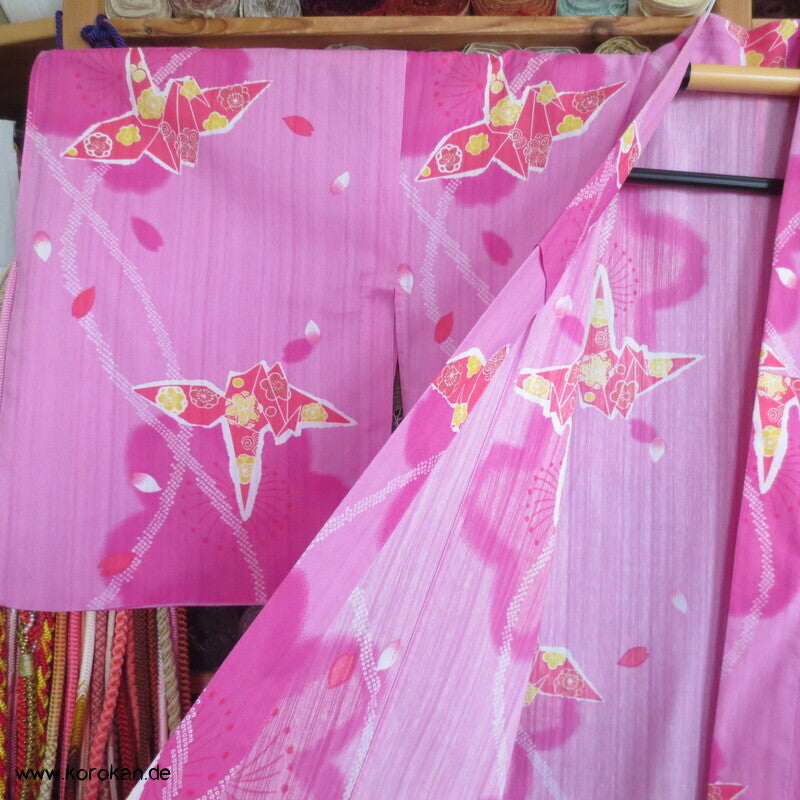 Yukata Kimono, reine Baumwolle, rot rosa Origami Kraniche