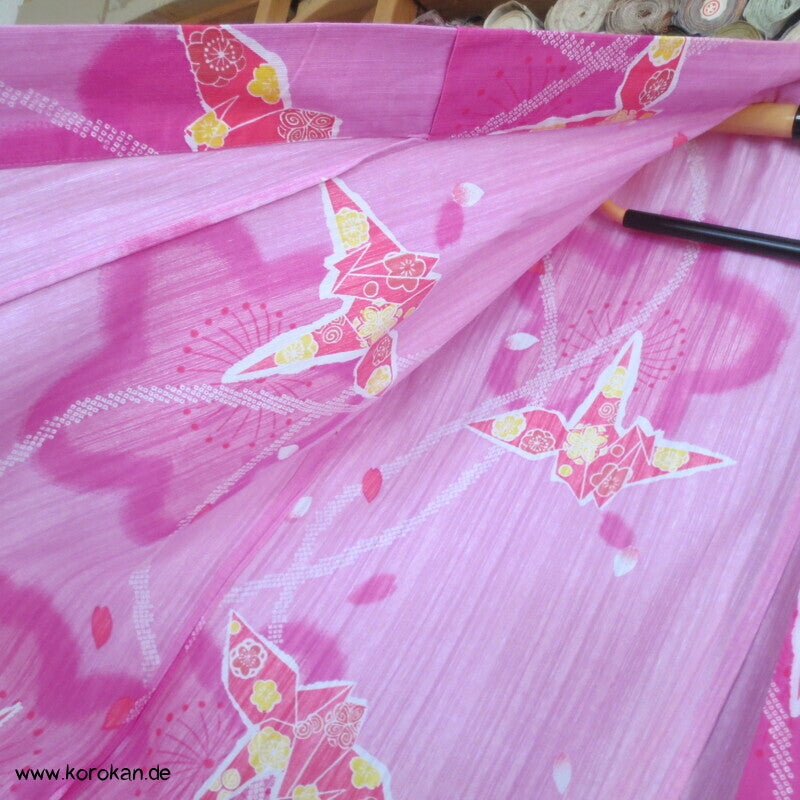 Yukata Kimono, reine Baumwolle, rot rosa Origami Kraniche