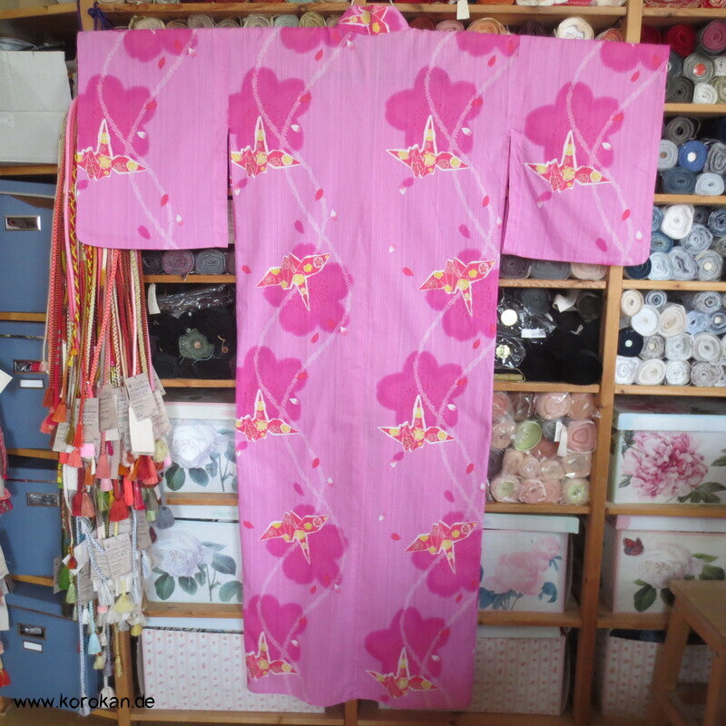 Yukata Kimono, reine Baumwolle, rot rosa Origami Kraniche