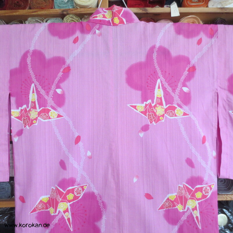 Yukata Kimono, reine Baumwolle, rot rosa Origami Kraniche