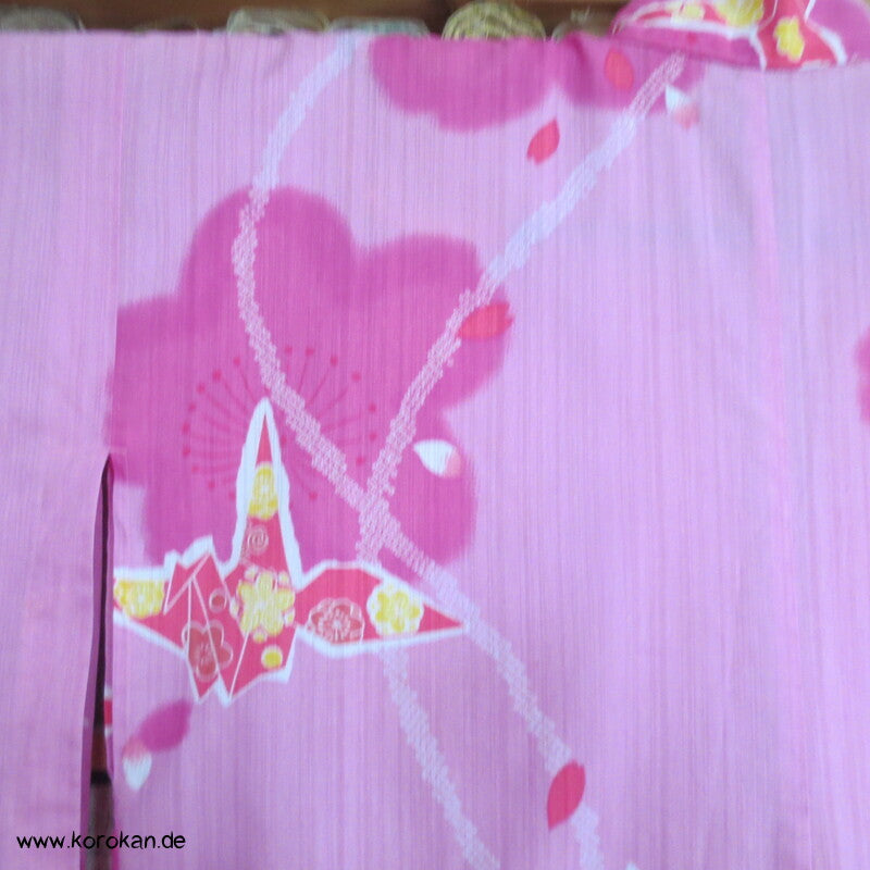 Yukata Kimono, reine Baumwolle, rot rosa Origami Kraniche