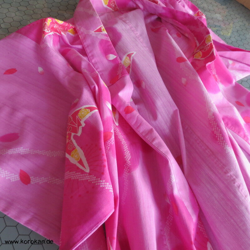 Yukata Kimono, reine Baumwolle, rot rosa Origami Kraniche