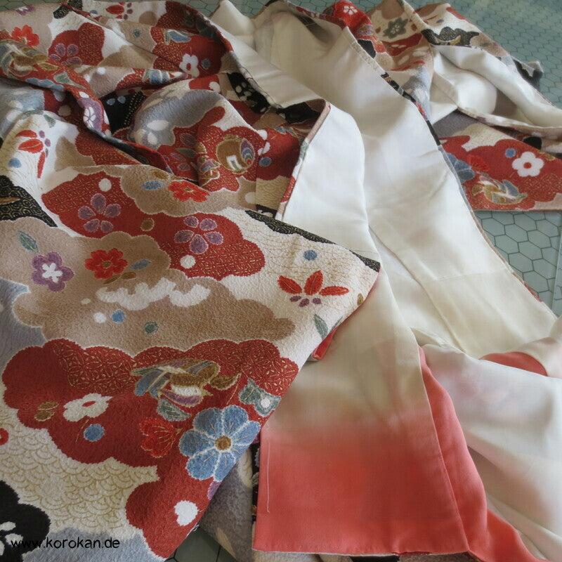 Wolkenenten Chirimen Crepe Seide, Komon Kimono, sehr groß
